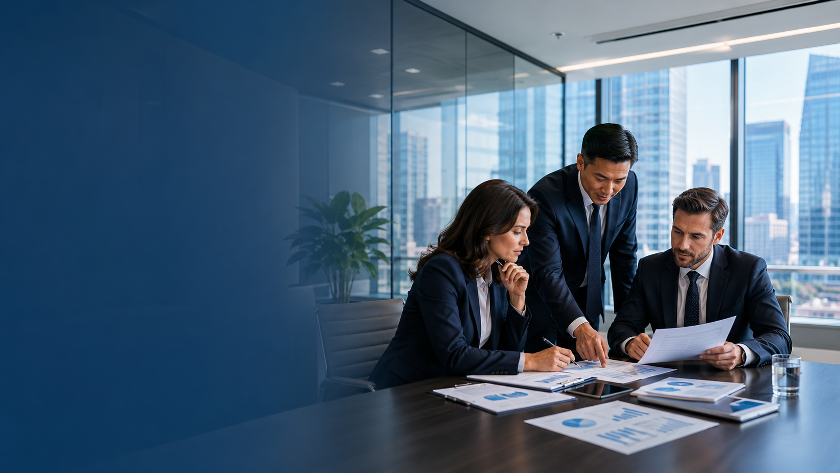 Corporate team reviewing business and tax records in a boardroom