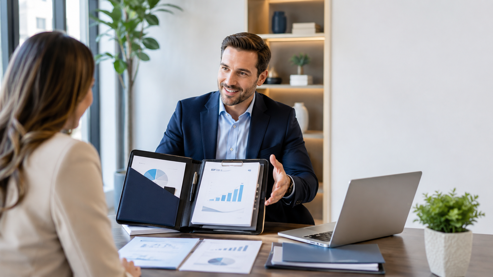 Professional consultant presenting an organized report package to a client