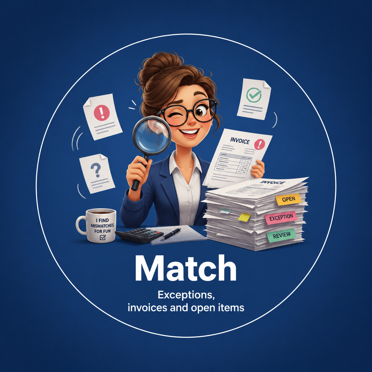 Cartoon accounting assistant with invoices and open items