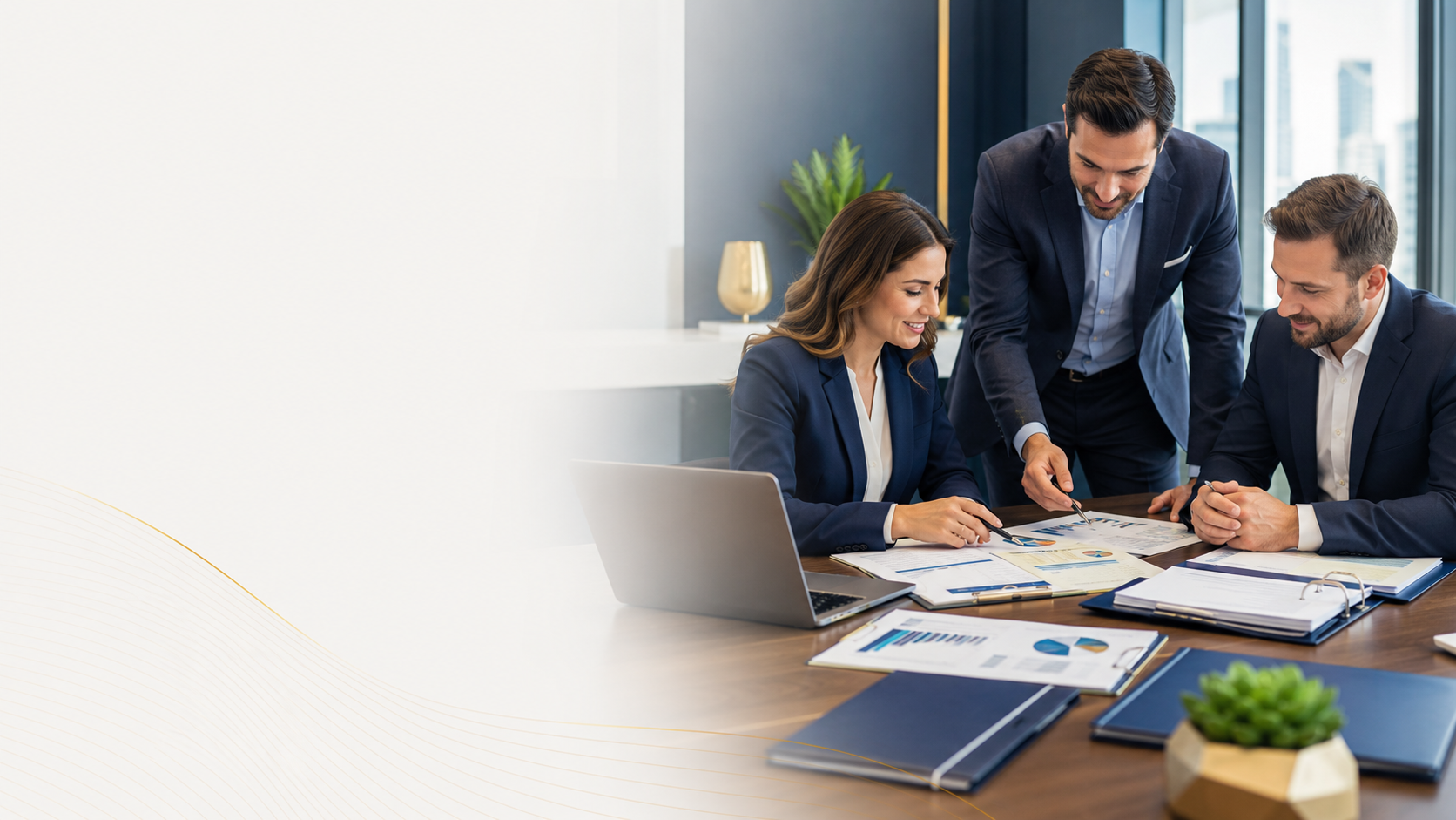 Professionals collaborating over organized business records