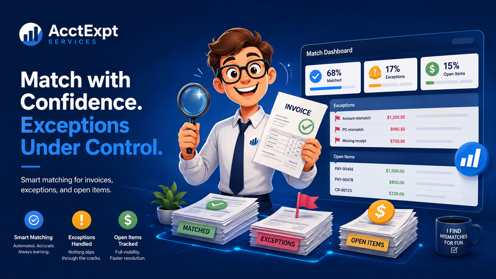 Humorous accounting assistant matching invoices and open items